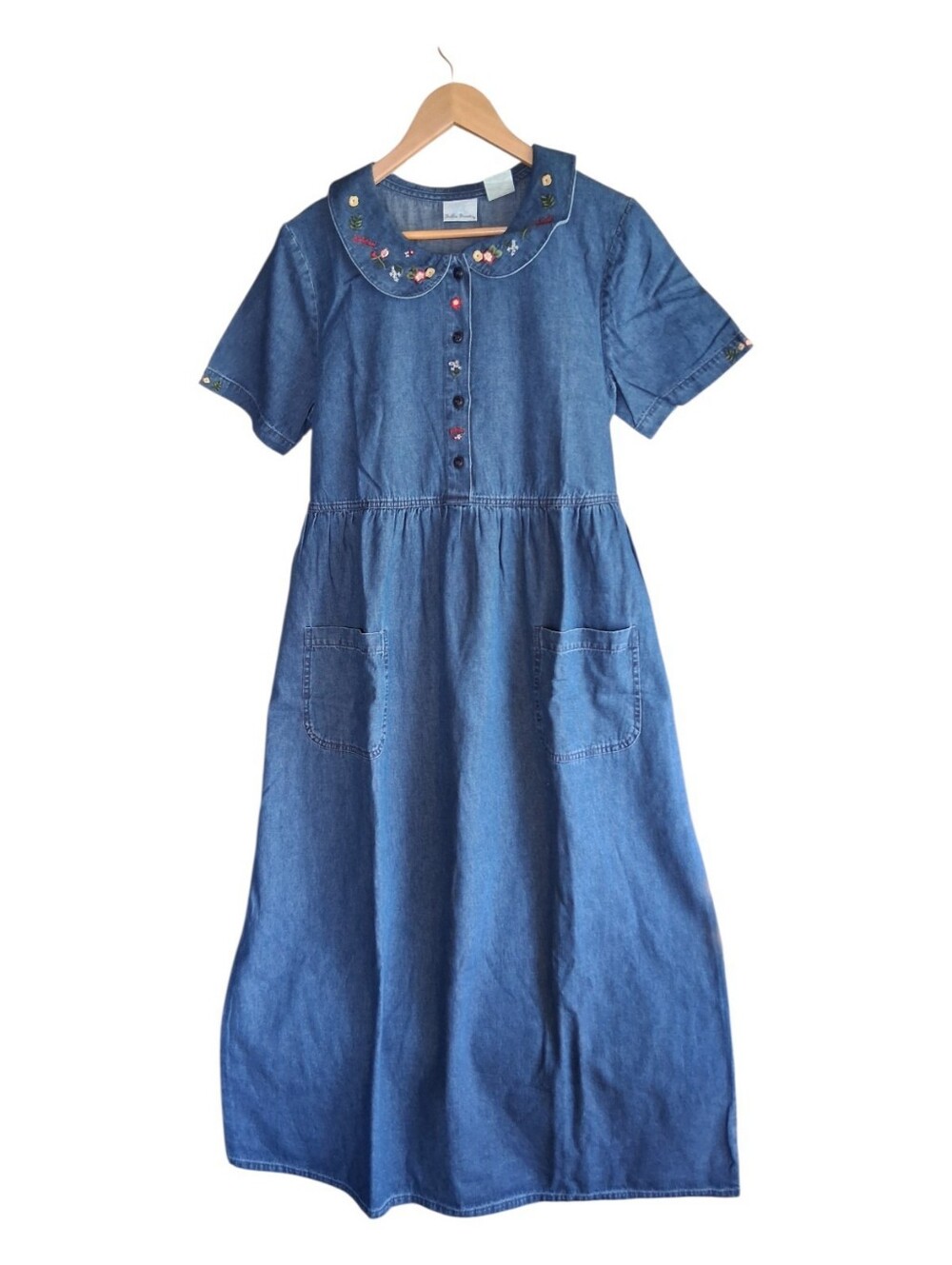 Vintage Bobbi Brooks Denim Maxi Dress Peter Pan Collar Cottagecore Blue L